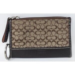 Coach Signature Logo Canvas Leather Coin Purse ID Wallet Key Chain Brown